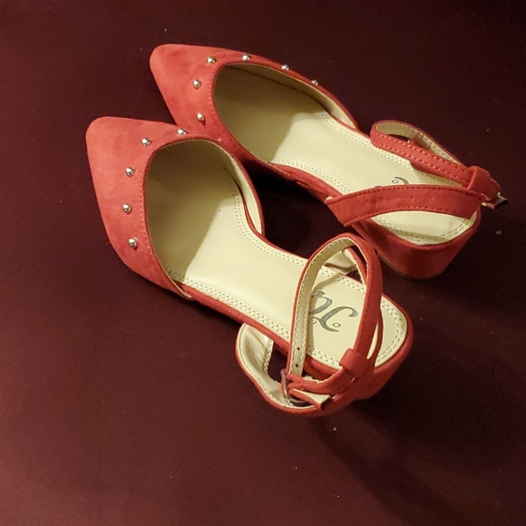 Red Faux Suede Ankle Wrap Wedges - Picture 6 of 11